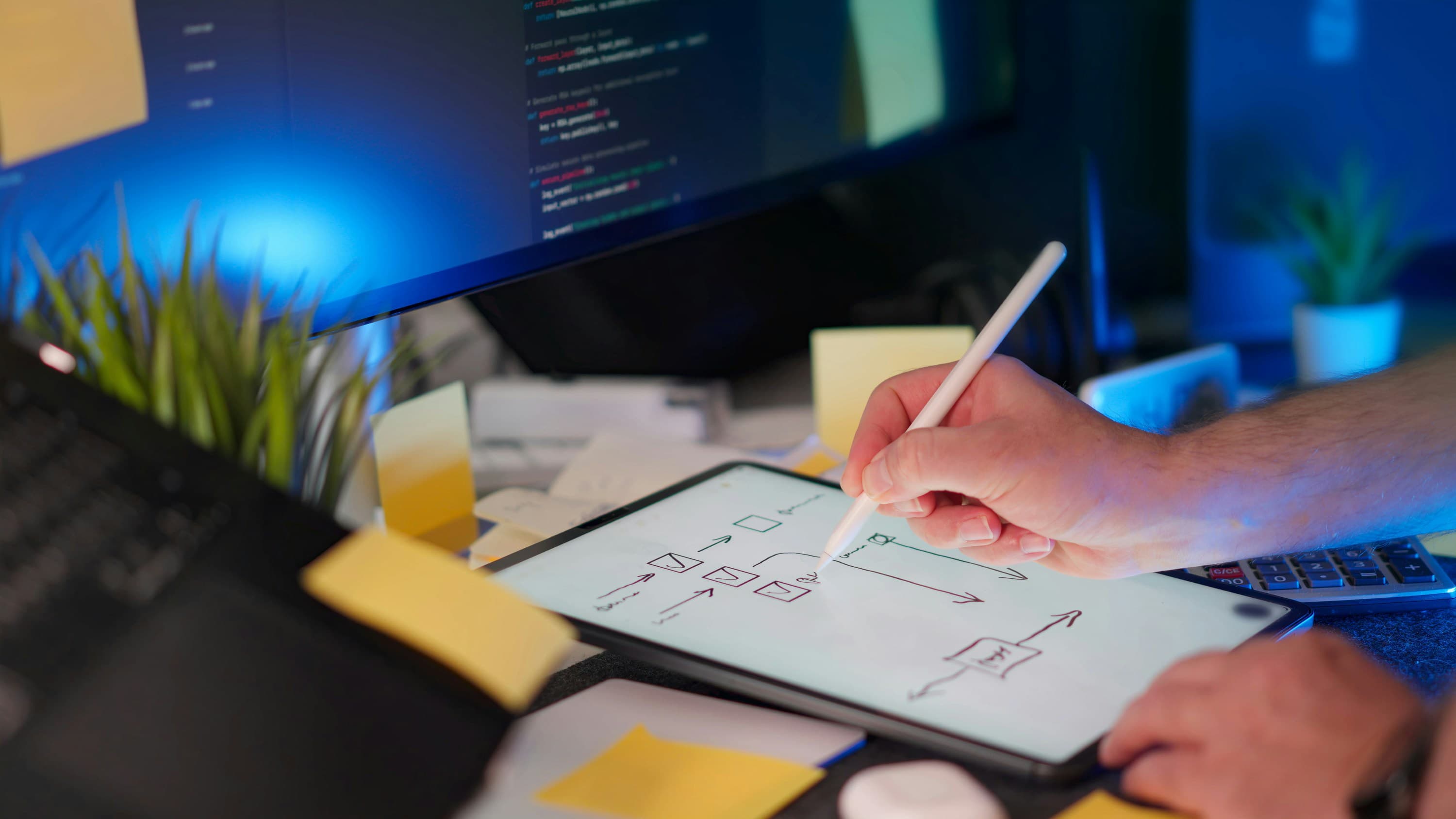 Operator sketching a workflow diagram on a tablet beside a code editor screen